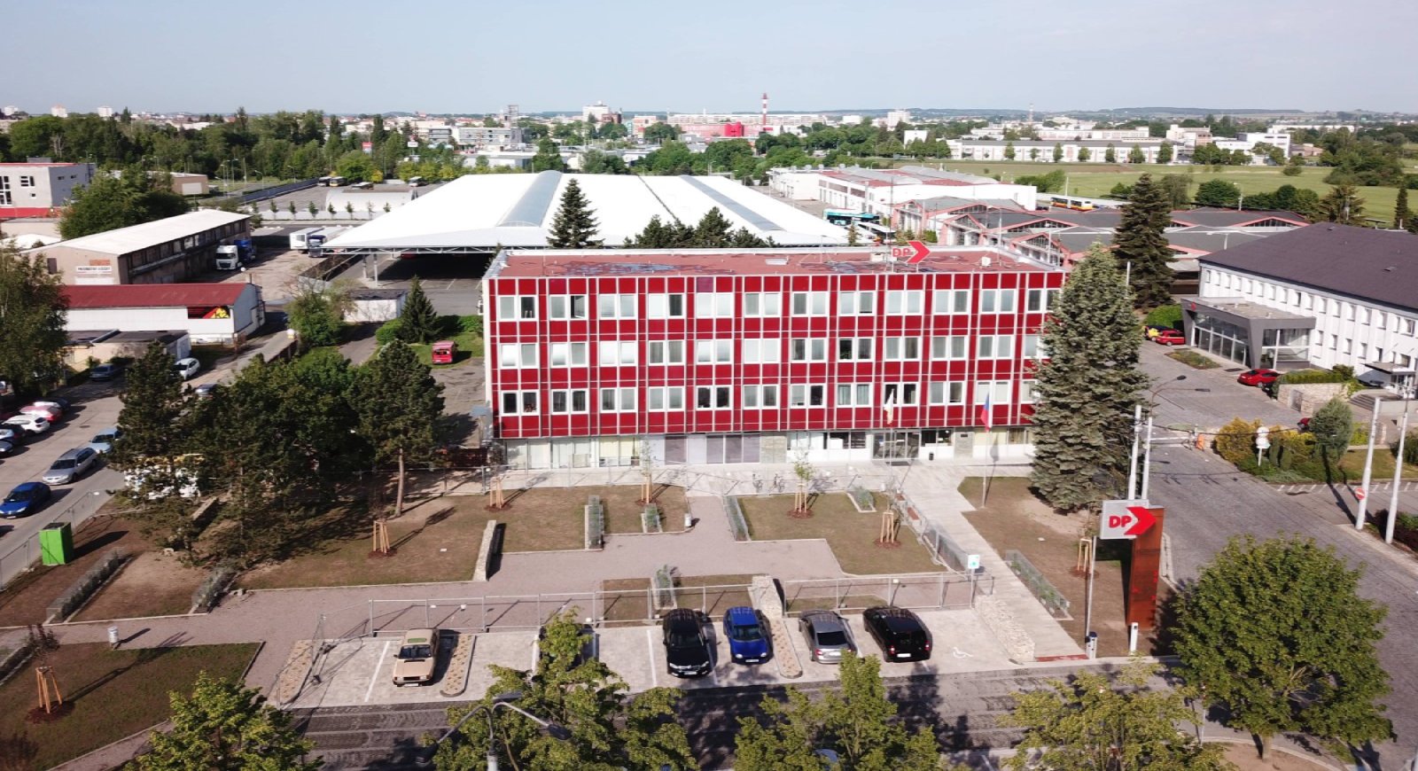 Aerial view of the building and the premises of the Transport Company in Pouchovská Street in 2022