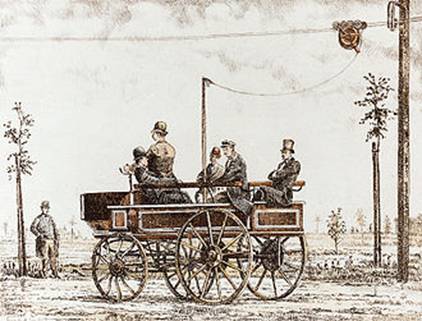 Picture of the test of the first trolleybus-type vehicle in 1882