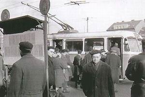 Passengers board trolleybus 8TR line 4 to Kukleni in 1962