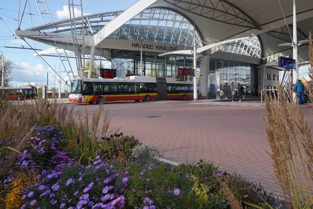 Articulated trolleybus departs from the stop at the Public Transport Terminal