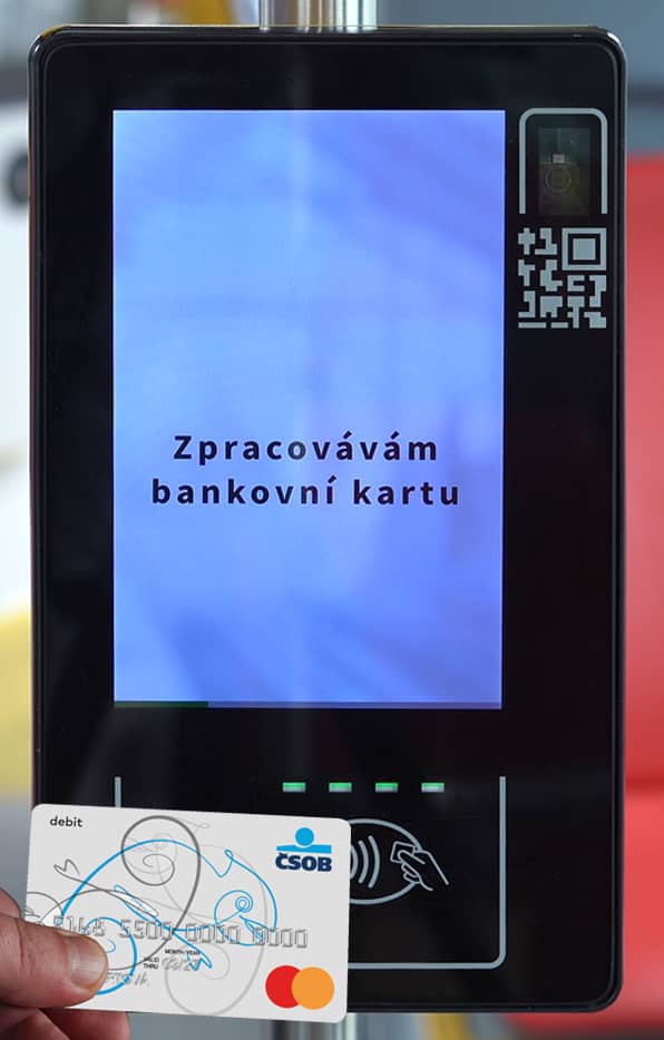 Attached bank card to the check-in system in HK public transport bus that processes the bank card.