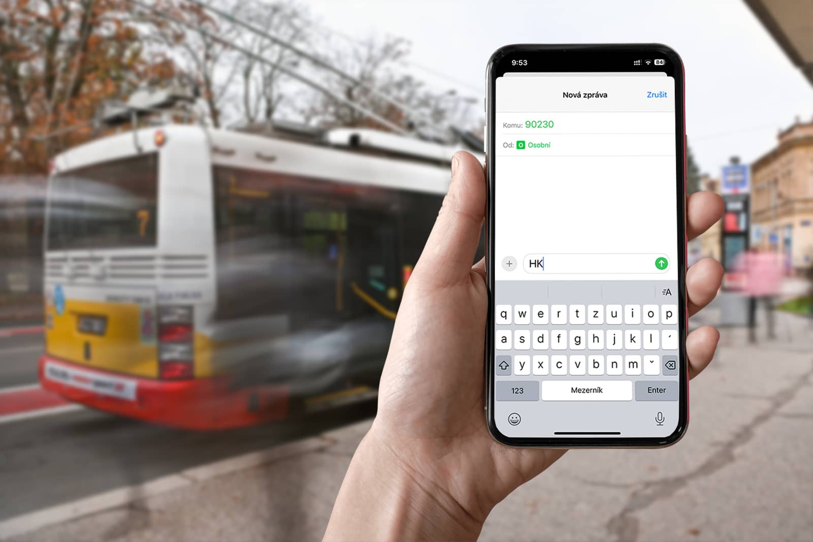 Obrazovka mobilního telefonu s možností odeslat SMS jízdenka