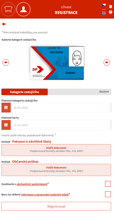 Postup registrace cestujícího, scan obrazovky