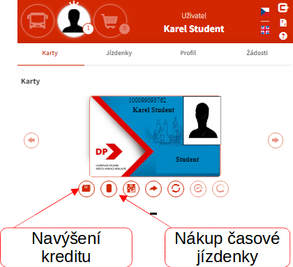 Postup pro navýšení kreditu a nákupu časové jízdenky
