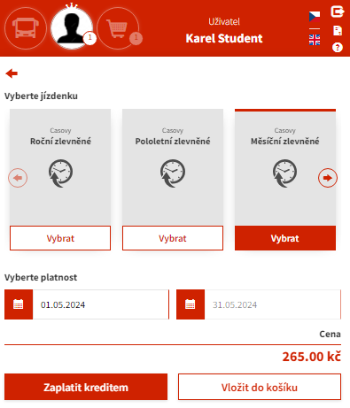 Postup pro nákupu časové jízdenky
