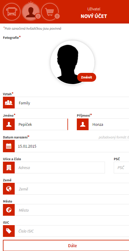 Návod na přidání podřízeného účtu u městské karty, scan obrazovky