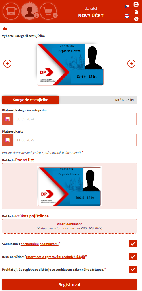 Návod na přidání podřízeného účtu u městské karty, scan obrazovky