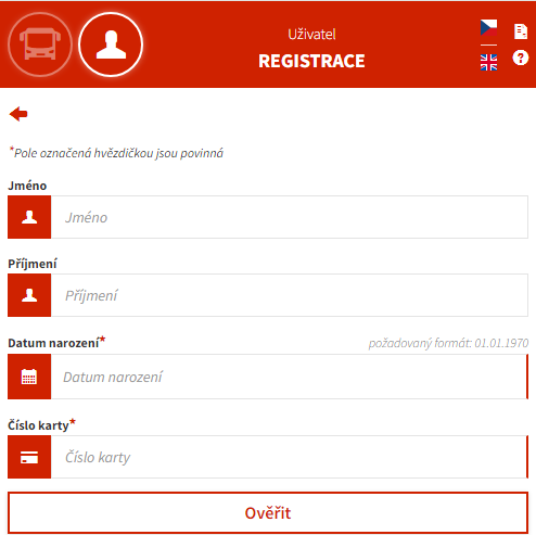 Postup registrace cestujícího, scan obrazovky