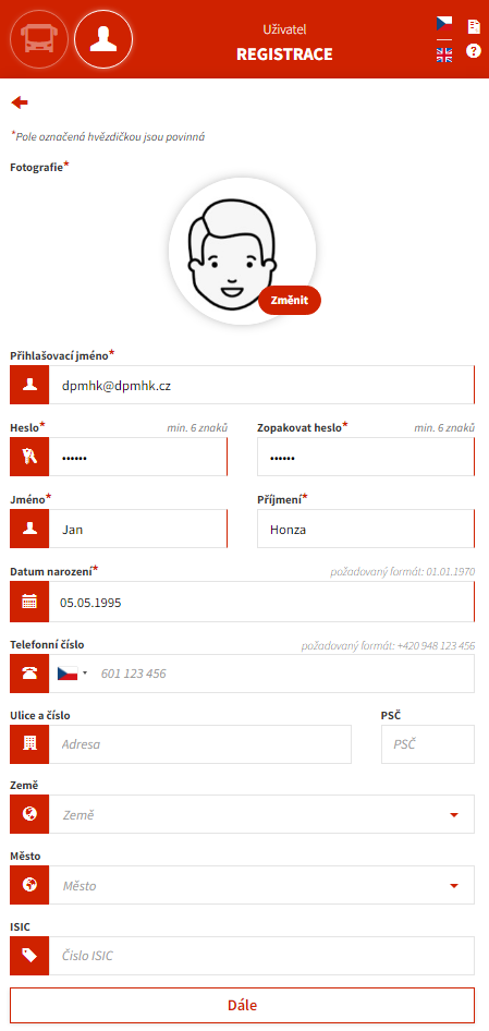 Postup registrace cestujícího, scan obrazovky