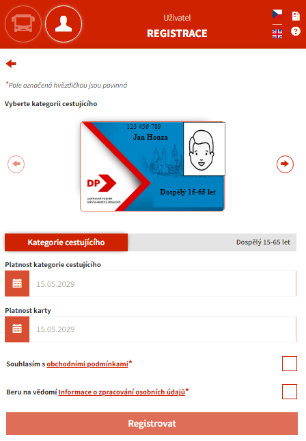 Postup registrace cestujícího, scan obrazovky