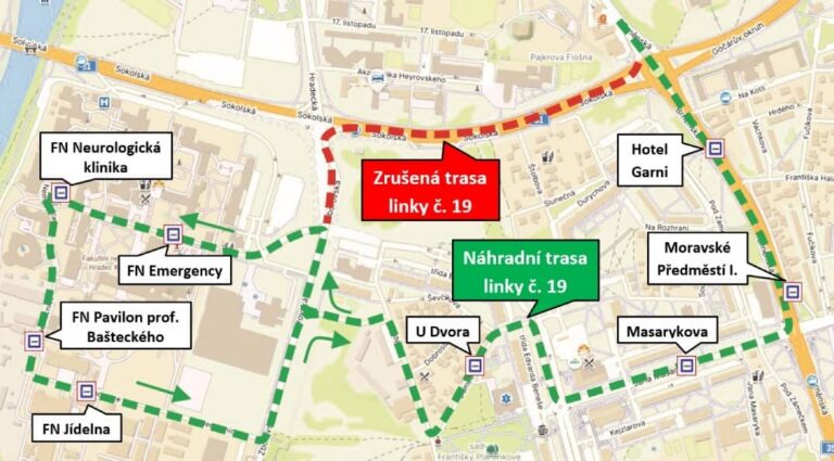Mapa trasy linky č. 19 od pondělí 5.1.2026 se zobrazenými zrušenými a náhradními trasami