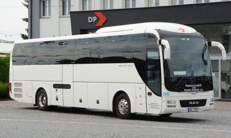 MAN R07 tour bus parked in front of the dispatch building