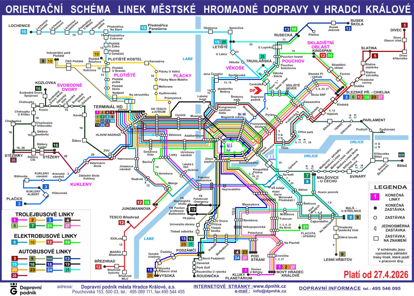 Color-coded public transport network map for Hradec Králové, valid from April 27, 2026. The map shows the geographical distribution of lines throughout the city and surrounding municipalities. Lines are color-coded: trolleybuses (shades of pink, orange, and green), electric buses (red, blue, and green), and buses. The central hubs where the most lines intersect are Terminál HD, Hlavní nádraží, Adalbertinum, and Muzeum. The diagram also includes outlying areas such as Lochenice in the north, Dívce in the east, Vysoká nad Labem in the south, and Stěžírky in the west. A legend is included explaining the symbols for terminal stops and request stops.
