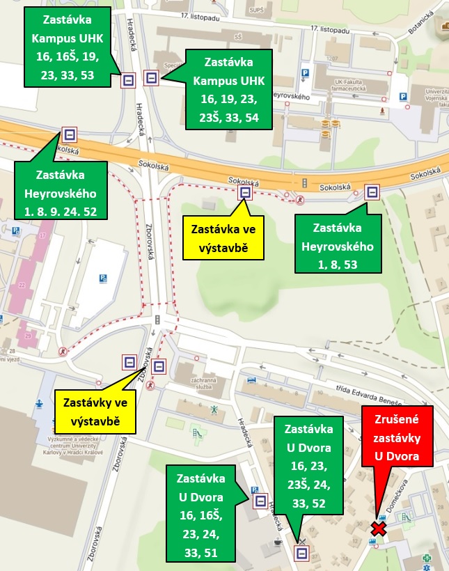 Map showing the surrounding area of the Mileta intersection. The map displays renovated public transport stops.